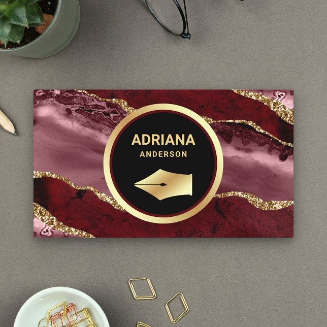Burgundy Red Agate Lawyer Attorney Gold Pen Nib Business Card (Creator Uploaded)