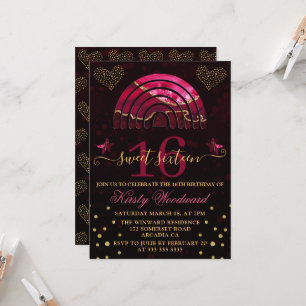 Burgundy Red Agate Rainbow & Hearts Sweet 16 Invitation