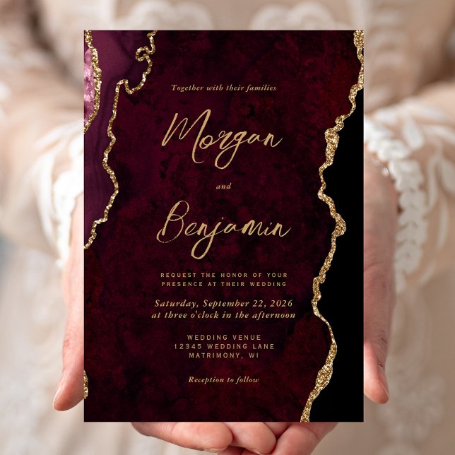 Burgundy Red Agate Script Wedding Invitation (Creator Uploaded)