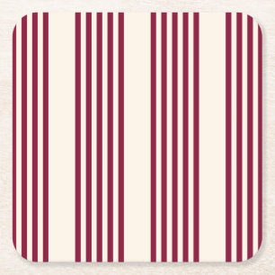 Burgundy red and beige five stripe pattern square paper coaster