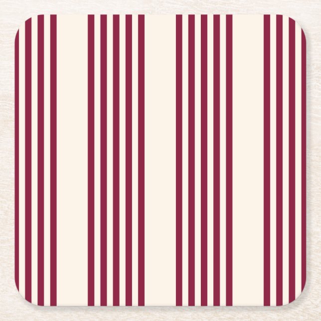 Burgundy red and beige five stripe pattern square paper coaster (Front)