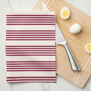 Burgundy red and beige five stripe pattern tea towel