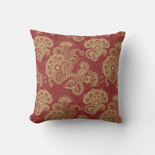Burgundy Red And Beige Floral Swirls Design Cushion (Front)