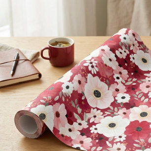 Burgundy Red and Blush Anemone Floral Wrapping Paper