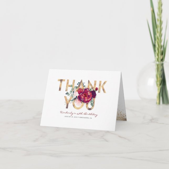 Burgundy Red and Blush Floral Birthday Thank You Card (Front)