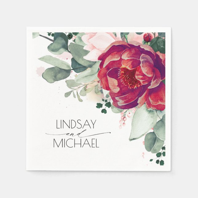 Burgundy Red and Blush Floral Elegant Napkin (Front)