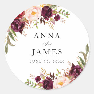 burgundy red and blush floral wedding classic round sticker