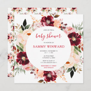 Burgundy Red and Blush Pink Floral Baby Shower Invitation