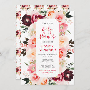 Burgundy Red and Blush Pink Floral Baby Shower Invitation