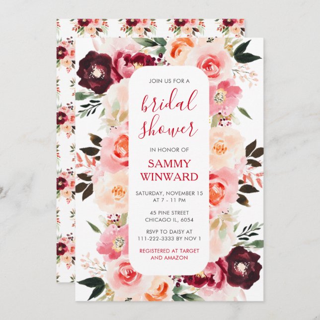 Burgundy Red and Blush Pink Floral Bridal Shower Invitation (Front/Back)