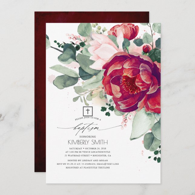 Burgundy Red and Blush Pink Floral Elegant Baptism Invitation (Front/Back)