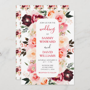 Burgundy Red and Blush Pink Floral Wedding Invitation