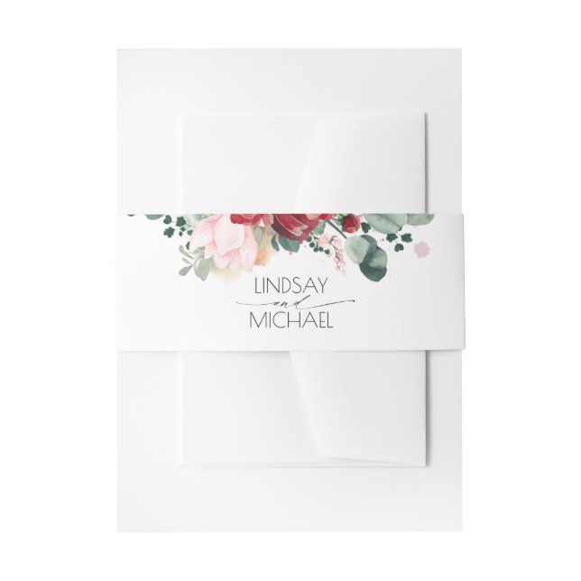 Burgundy Red and Blush Pink Floral Wedding Invitation Belly Band (Front Example)