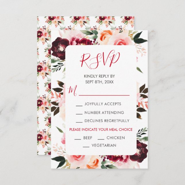 Burgundy Red and Blush Pink Floral Wedding RSVP Card (Front/Back)