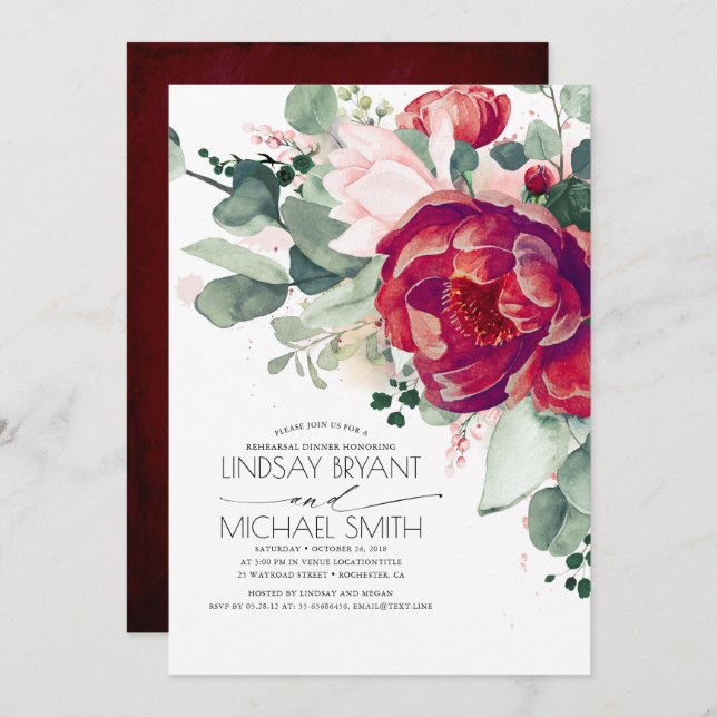 Burgundy Red and Blush Pink Rehearsal Dinner Invitation (Front/Back)