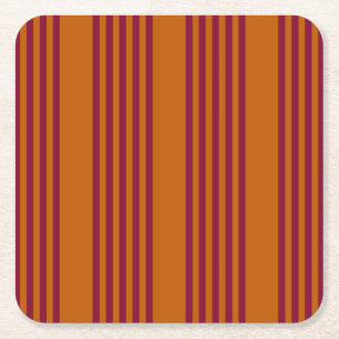 Burgundy red and burnt orange five stripe pattern. square paper coaster