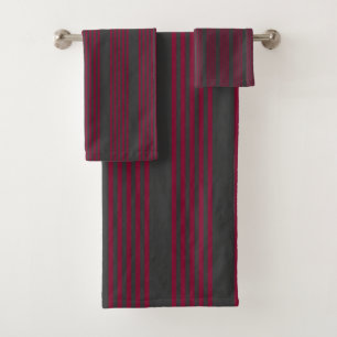 Burgundy red and charcoal five stripe pattern bath towel set