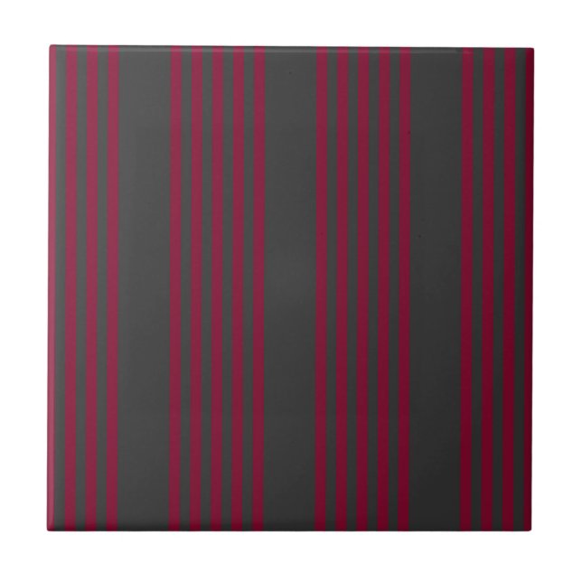 Burgundy red and charcoal five stripe pattern ceramic tile (Front)