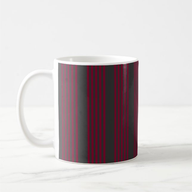 Burgundy red and charcoal five stripe pattern coffee mug (Left)