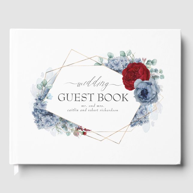 Burgundy Red and Dusty Blue Floral Wedding Guest Book (Front)