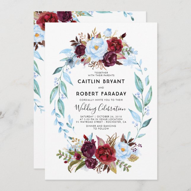 Burgundy Red and Dusty Blue Floral Wedding Invitation (Front/Back)