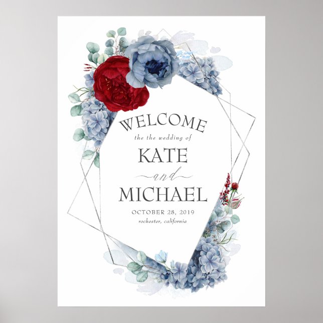 Burgundy Red and Dusty Blue Floral Wedding Welcome Poster (Front)
