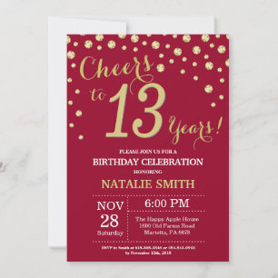 Burgundy Red and Gold 13th Birthday Diamond Invitation