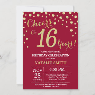 Burgundy Red and Gold 16th Birthday Diamond Invitation