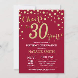 Burgundy Red and Gold 30th Birthday Diamond Invitation