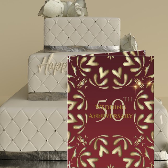 Burgundy Red And Gold 50th Wedding Anniversary Card (Creator Uploaded)