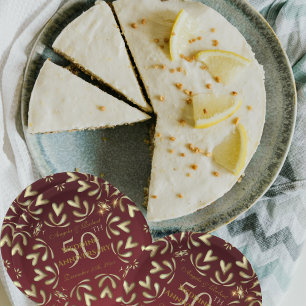 Burgundy Red And Gold 50th Wedding Anniversary Paper Plate