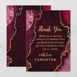 Burgundy Red and Gold Agate Birthday Party Thank You Card