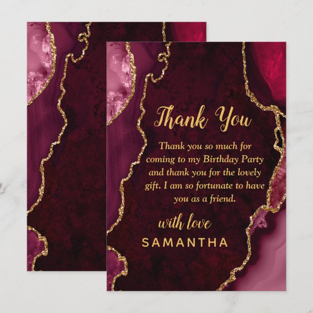 Burgundy Red and Gold Agate Birthday Party Thank You Card (Front/Back)