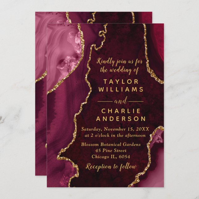 Burgundy Red and Gold Agate Marble Wedding Invitation (Front/Back)