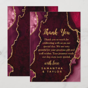 Burgundy Red and Gold Agate Marble Wedding Thank You Card