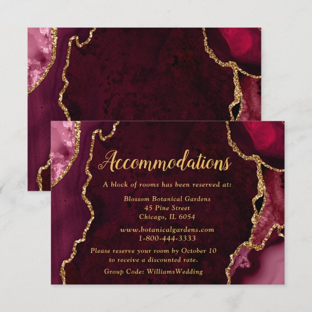 Burgundy Red and Gold Agate Wedding Accommodations Enclosure Card (Front/Back)