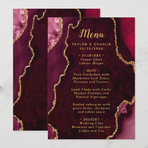Burgundy Red and Gold Agate Wedding Menu