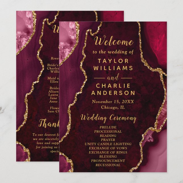 Burgundy Red and Gold Agate Wedding Program (Front/Back)