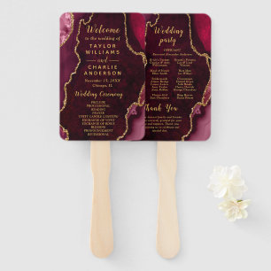 Burgundy Red and Gold Agate Wedding Program Hand Fan