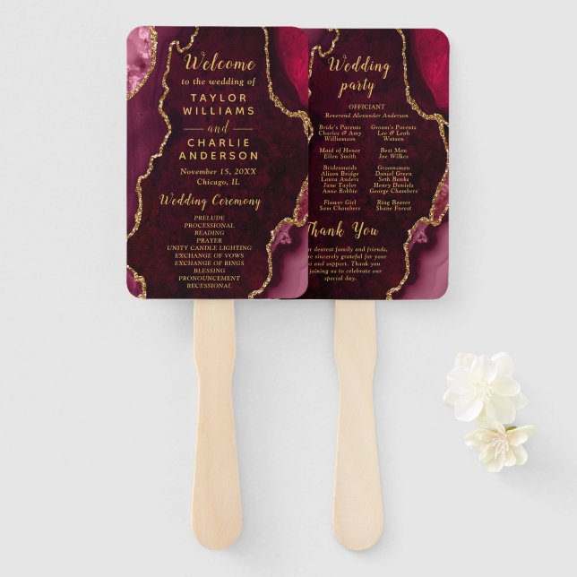 Burgundy Red and Gold Agate Wedding Program Hand Fan (Front and Back)