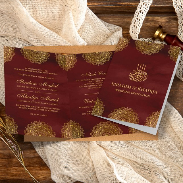 Burgundy Red and Gold Asian Motif Muslim Wedding Invitation (Creator Uploaded)