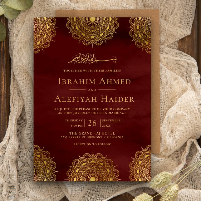 Burgundy Red and Gold Asian Motif Muslim Wedding Invitation (Creator Uploaded)