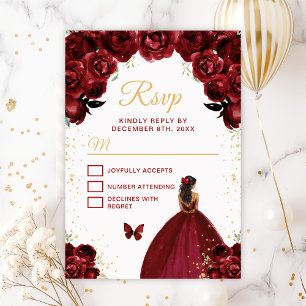 Burgundy Red and Gold Dark Skin Princess RSVP Card