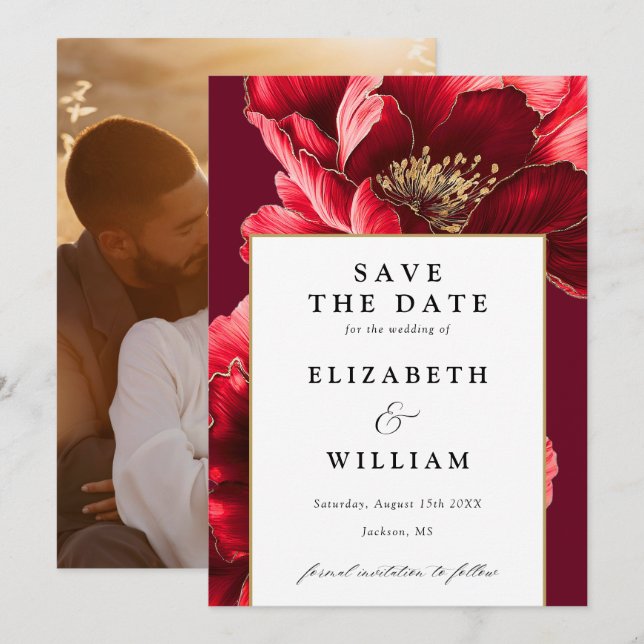 Burgundy Red And Gold Elegant Floral Photo Wedding Save The Date (Front/Back)