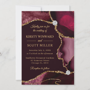 Burgundy Red and Gold Faux Glitter Agate Wedding Invitation