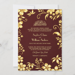 Burgundy Red and Gold Floral Islamic Wedding Invitation