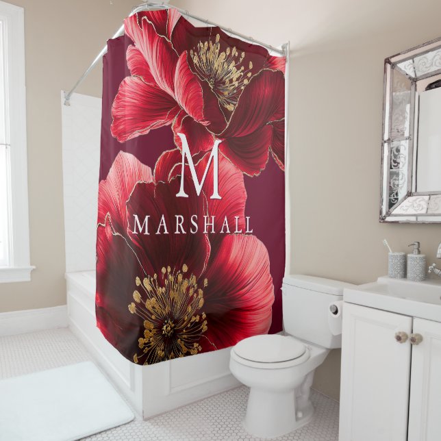 Burgundy Red And Gold Floral Monogram Elegant Shower Curtain (In Situ)
