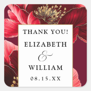 Burgundy Red And Gold Floral Thank You Favour Square Sticker