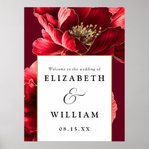 Burgundy Red And Gold Floral Wedding Welcome Sign