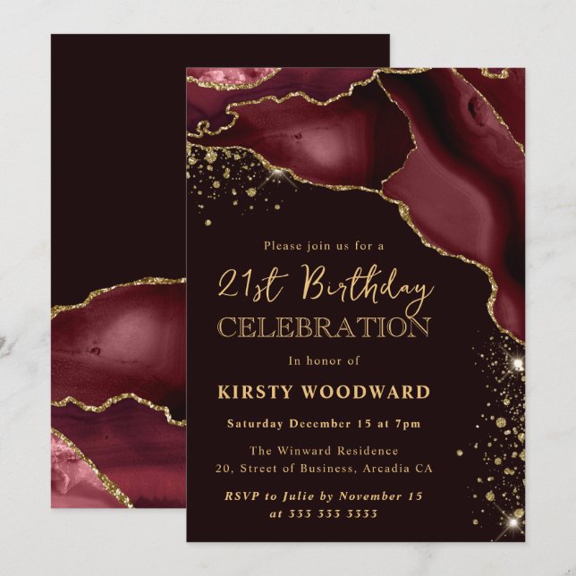 Burgundy Red and Gold Glitter Agate 21st Birthday Invitation (Front/Back)